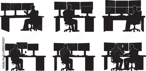 Black Solid Crypto Finance Multi Monitor Stream Silhouettes Set of Six on White Background