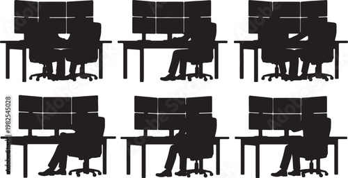 Black Solid Crypto Finance Multi Monitor Stream Silhouettes Set of Six on White Background