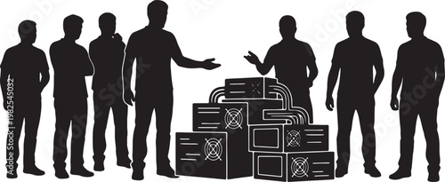 Black Solid Crypto Miner GPU Rig Camera Silhouettes Set of Six on White Background