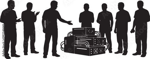 Black Solid Crypto Miner GPU Rig Camera Silhouettes Set of Six on White Background