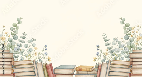 Aesthetic scholarly frame featuring vintage hardbound books and greenery