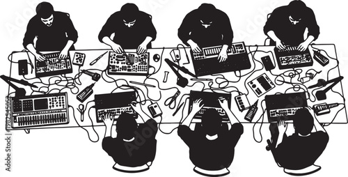 Black Solid Custom Synthesizer Soldering Overhead Camera Silhouettes Set of Six on White Background