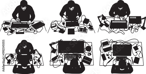 Black Solid Custom Synthesizer Soldering Overhead Camera Silhouettes Set of Six on White Background