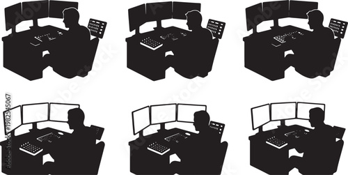 Black Solid Day Trader Multi Monitor Livestream Silhouettes Set of Six on White Background