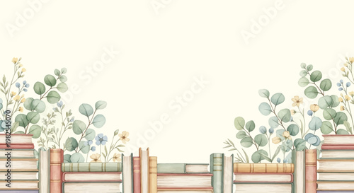 Beautiful watercolor greenery growing from stacks of old library books