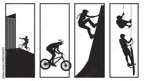 Silhouettes of people engaging in extreme sports biking climbing and swinging in black and white