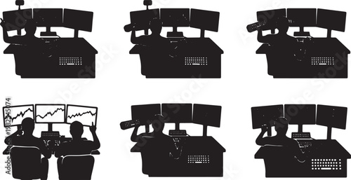 Black Solid Day Trader Multi Monitor Livestream Silhouettes Set of Six on White Background