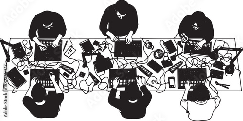 Black Solid Custom Synthesizer Soldering Overhead Camera Silhouettes Set of Six on White Background