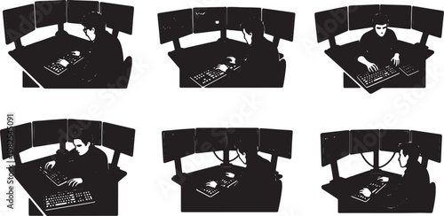 Black Solid Day Trader Multi Monitor Livestream Silhouettes Set of Six on White Background