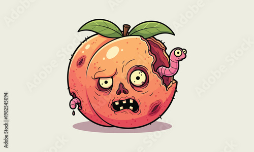 Cartoon zombie peach a whimsical illustration of a rotting fruit character with a playful spooky design