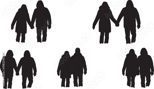 Black Solid Deep Snow Coat Walking Silhouettes Set of Six on White Background