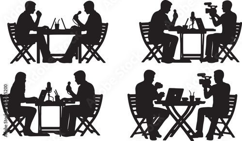 Black Solid Digital Nomad Cafe Vlogging Setup Silhouettes Set of Six on White Background