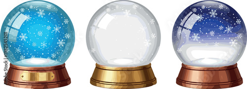 Snow Globe Set with Blue, Clear, and Purple Bases Featuring Snowflakes for Holiday, Winter, and Seasonal Designs