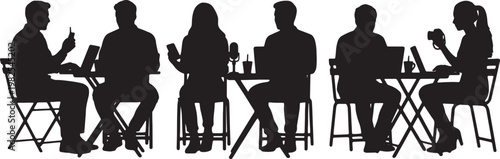 Black Solid Digital Nomad Cafe Vlogging Setup Silhouettes Set of Six on White Background