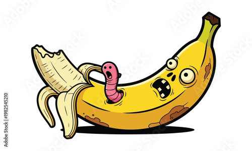 Cartoon banana with a worm a playful illustration of fruit and a creepy crawler