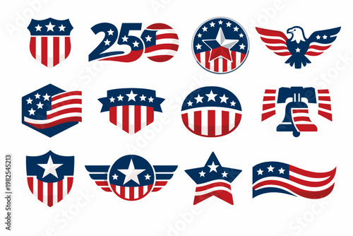 America 250 Patriotic Badges with Stars and Stripes Design Elements for USA Semiquincentennial Celebration. Flat Vector Illustration of American Emblems, Eagle, Liberty Bell, and Shield Icons.