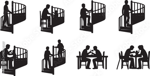 Black Solid Dining Table Highchair Feeding Sitting Silhouettes Set of Six on White Background