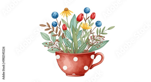Reddish brown polka dot teacup used as planter for wildflowers