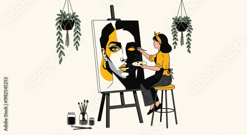 Creative woman artist painting contemporary avant-garde portrait in studio
