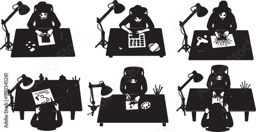 Black Solid DIY Craft Overhead Camera Silhouettes Set of Six on White Background