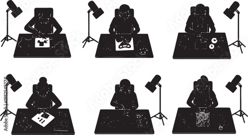 Black Solid DIY Craft Overhead Camera Silhouettes Set of Six on White Background