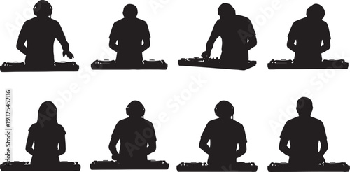 Black Solid DJ Equipment Reviewer Mixer Scratching Silhouettes Set of Six on White Background