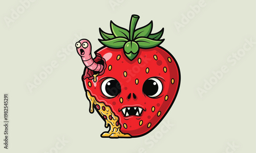 Cartoon zombie strawberry with worm a playful illustration of a spooky fruit character