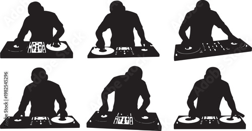 Black Solid DJ Equipment Reviewer Mixer Scratching Silhouettes Set of Six on White Background