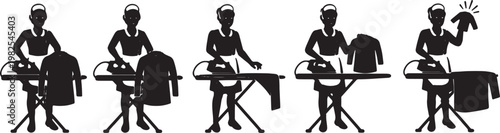 Black Solid Domestic Robot Ironing Clothes Silhouettes Set of Six on White Background