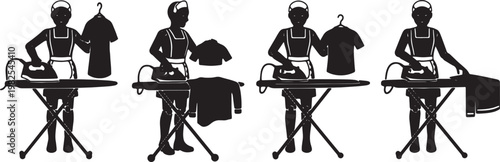 Black Solid Domestic Robot Ironing Clothes Silhouettes Set of Six on White Background