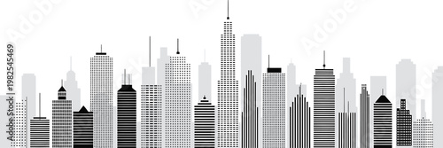 Modern city skyline silhouette with diverse building shapes and heights, a graphic illustration
