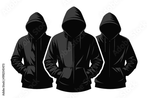 Monochrome silhouette of three mysterious hooded figures in black jackets, simple flat vector illustration of anonymous faceless group isolated on white background for security and privacy.