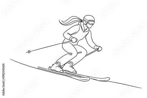 Continuous line drawing of a female skier downhill skiing in a minimalist style. Vector illustration of a woman athlete in motion on a mountain slope with ski poles, helmet, and goggles.