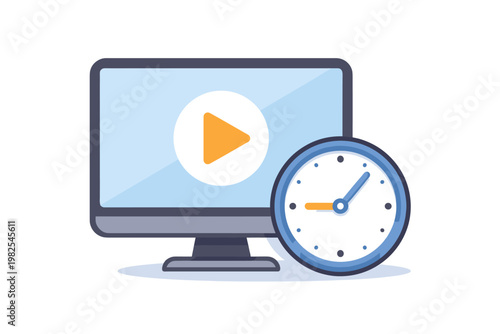 Flat vector illustration of a computer monitor with a play button on the screen and a clock in front, representing watch time, video duration, online learning, and digital content consumption.