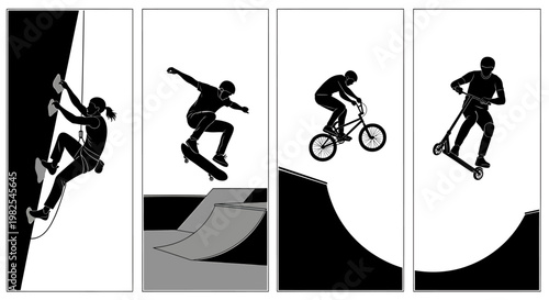 Black silhouettes of people performing tricks on skateboard bike and scooter in four panels