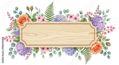 Rustic wooden plaque overgrown with colorful watercolor flowers