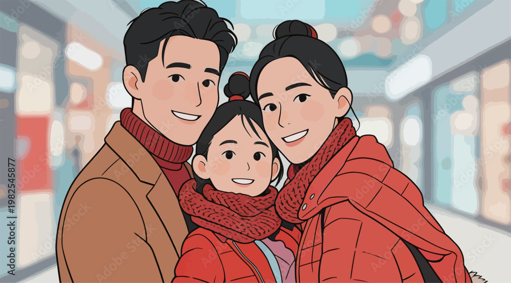 Obraz premium Happy Family in Warm Winter Outfits Shopping