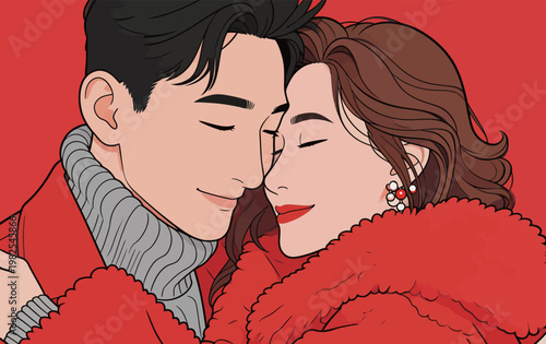 Loving Couple in Red Winter Outfits