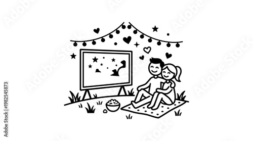 Couple Watching Movie Outdoors Under String Lights