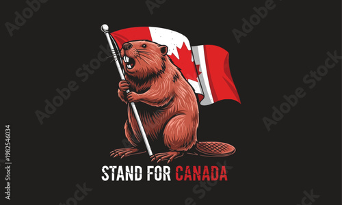 A striking digital artwork depicts a determined looking bear clutching the canadian flag symbolizing national pride and resilience
