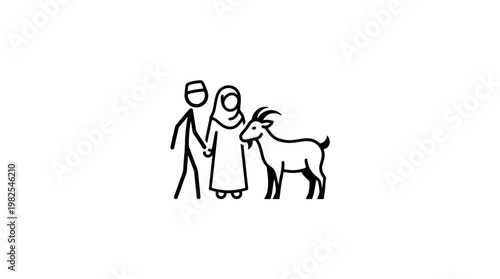 Minimalist Line Drawing of Muslim Couple with Goat