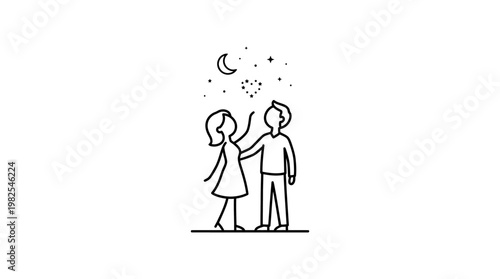 Couple Gazing at Night Sky with Love Symbols