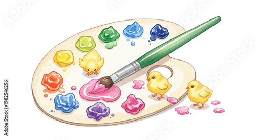 Gentle watercolor illustration of artist palette with rainbow pigments