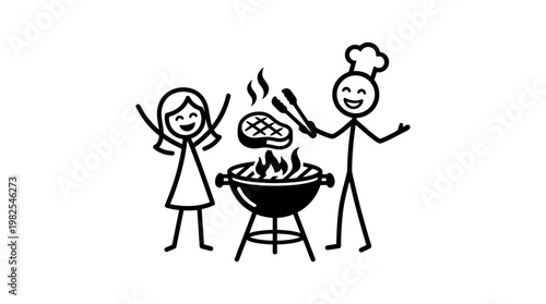 Happy Stick Figures Enjoying A Barbecue