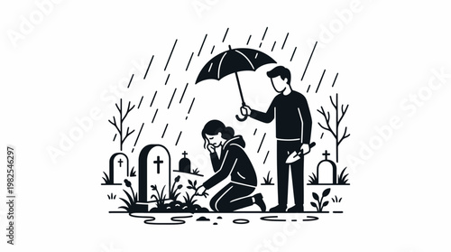 Mourning at a Gravesite in the Rain