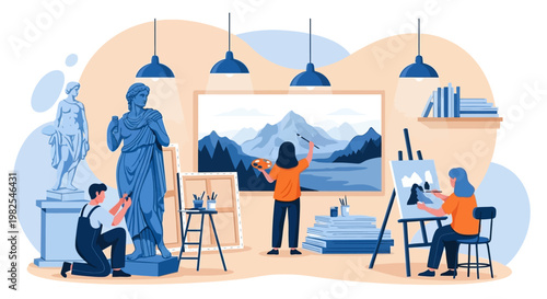 Group of professional artists in shared creative workshop