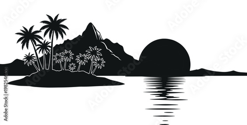 Tropical Island Sunset Silhouette Palm Trees Mountain Ocean Reflection Landscape Vector Illustration