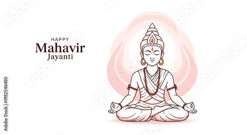 Elegant vector illustration depicting the Mahavir Jayanti celebration, showcasing Lord Mahavir in a meditative pose against a clean white background with soft pink accents
