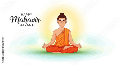 Illustration of a serene Lord Mahavir in a lotus position, celebrating Happy Mahavir Jayanti with a radiant halo and gentle watercolor textures against a clean background