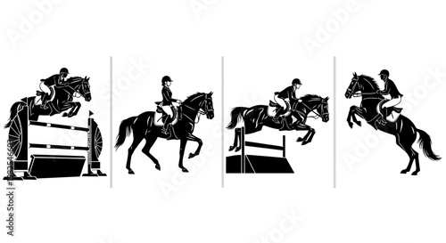 Equestrian horse jumping silhouettes in motion sequence black and white vector illustration